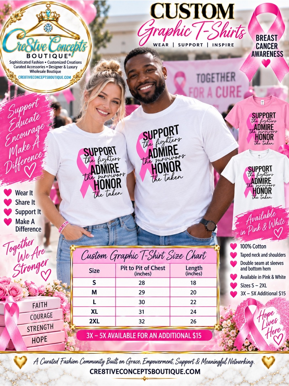 Custom Breast Cancer Awareness Graphic T-Shirt – Support • Admire • Honor